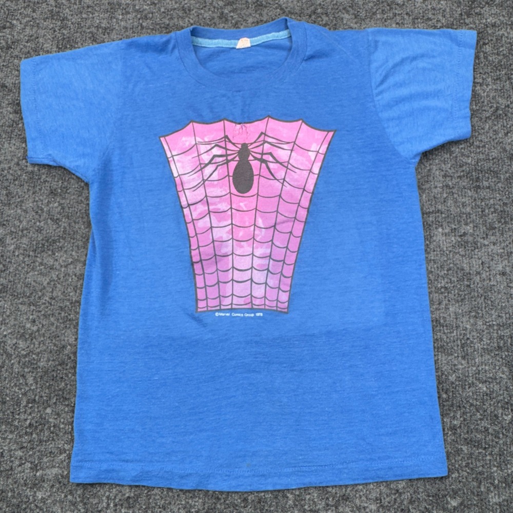 Marvel Spider-Man Shirt Kids XL Blue 1978 Vintage Graphic Tee USA 70s Superhero